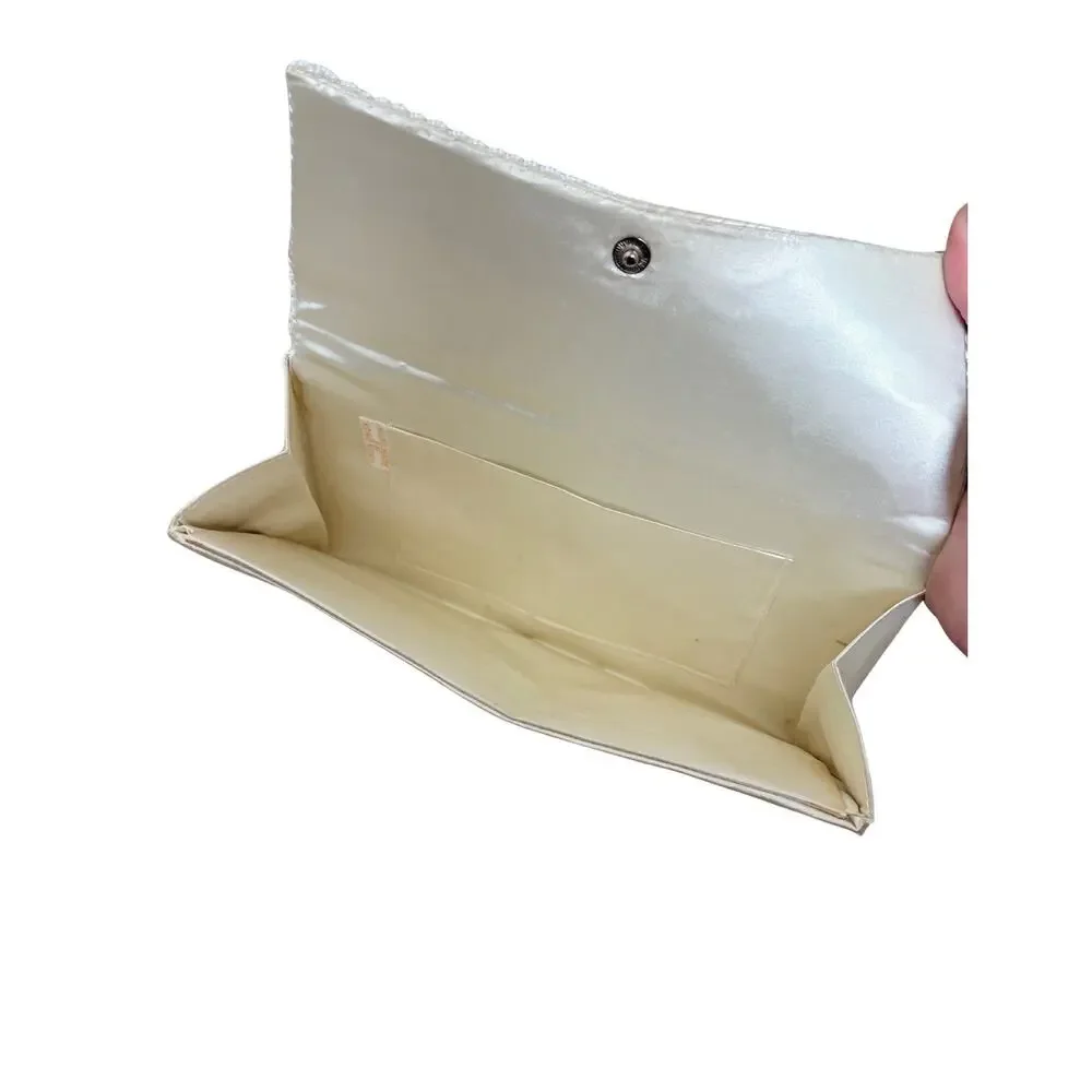 Vintage Ivory Beaded Evening Clutch Purse Floral Sequin Made in Hong Kong